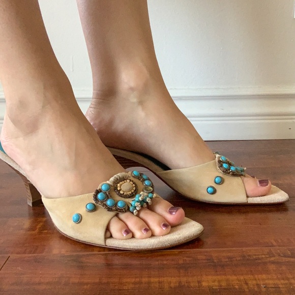 Suede & Turquoise Kitten Heel Sandals - Picture 1 of 1
